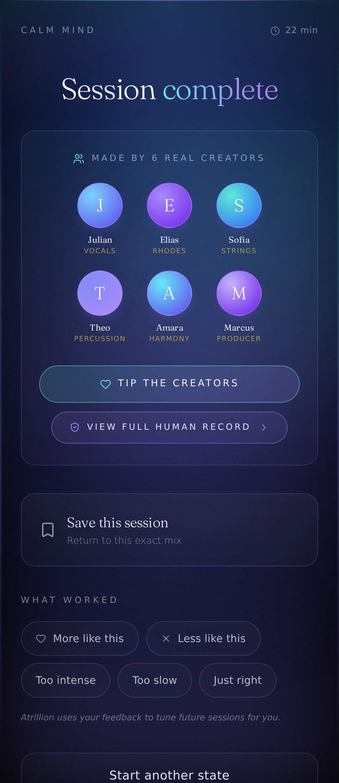 SoulEQ™ session complete: Calm Mind, made by 6 real creators, with tip and Human Record options