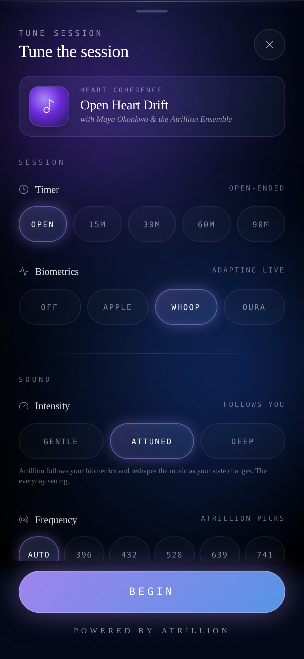 SoulEQ™ Tune Session screen, biometrics row Off/Apple/WHOOP/Oura adapting live